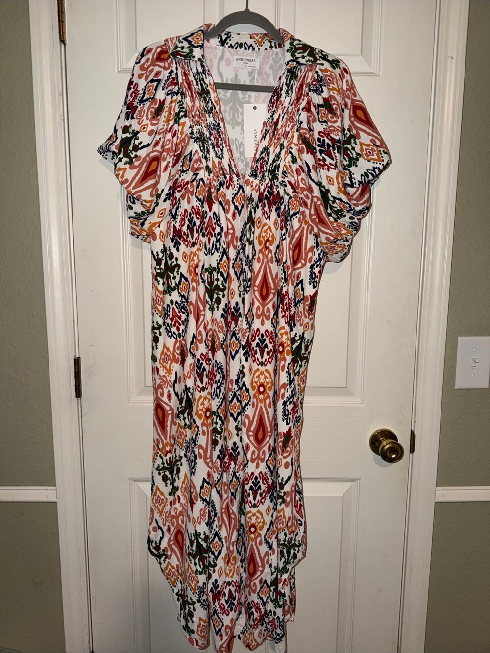 Anniewear NWT Women's Ikat Flutter-Sleeve Maxi Dress in Rust, Navy & Green
